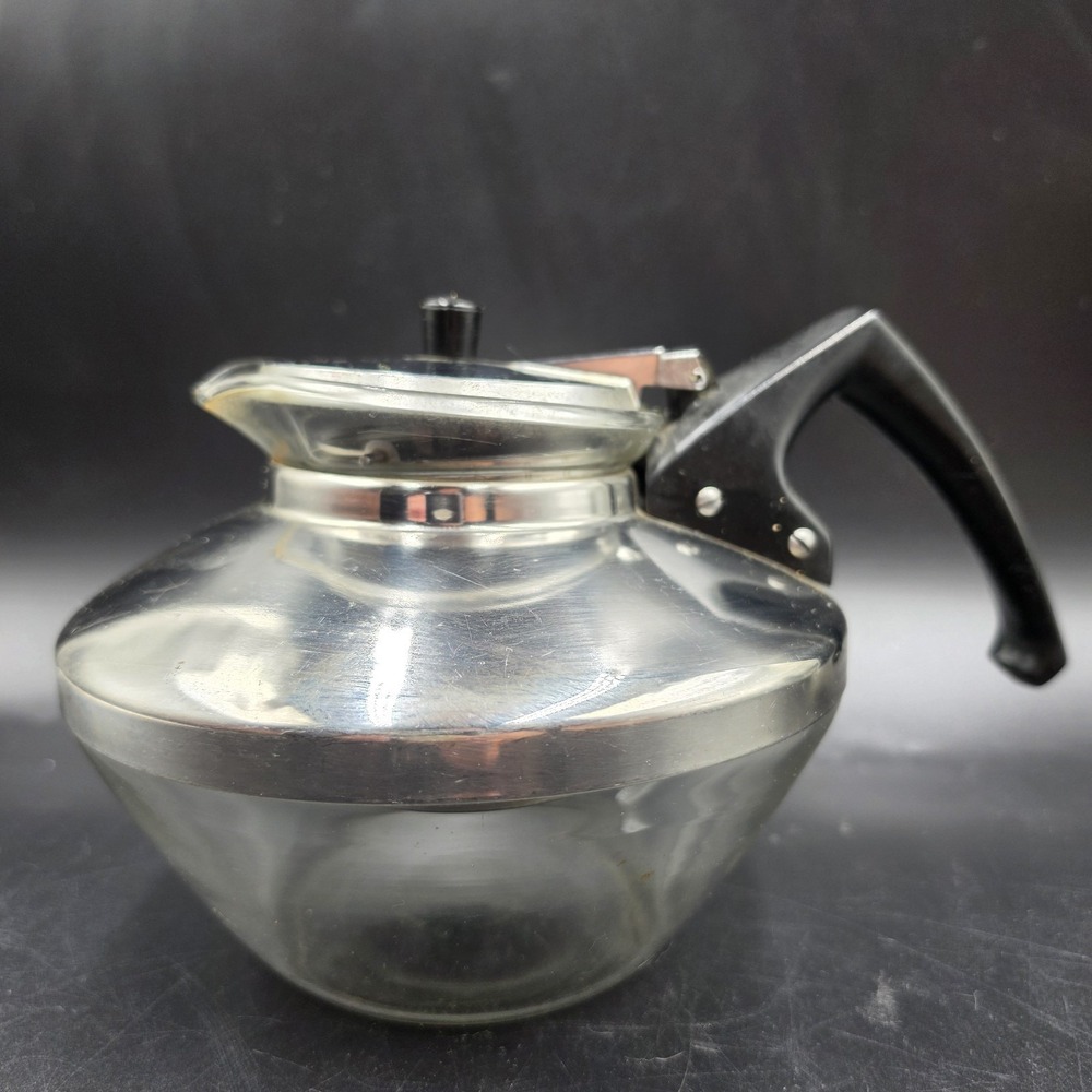 VTG MCM 50's PYREX Teamaker Inc. 8 Cup Glass Teapot Stainless 6620-8 USA